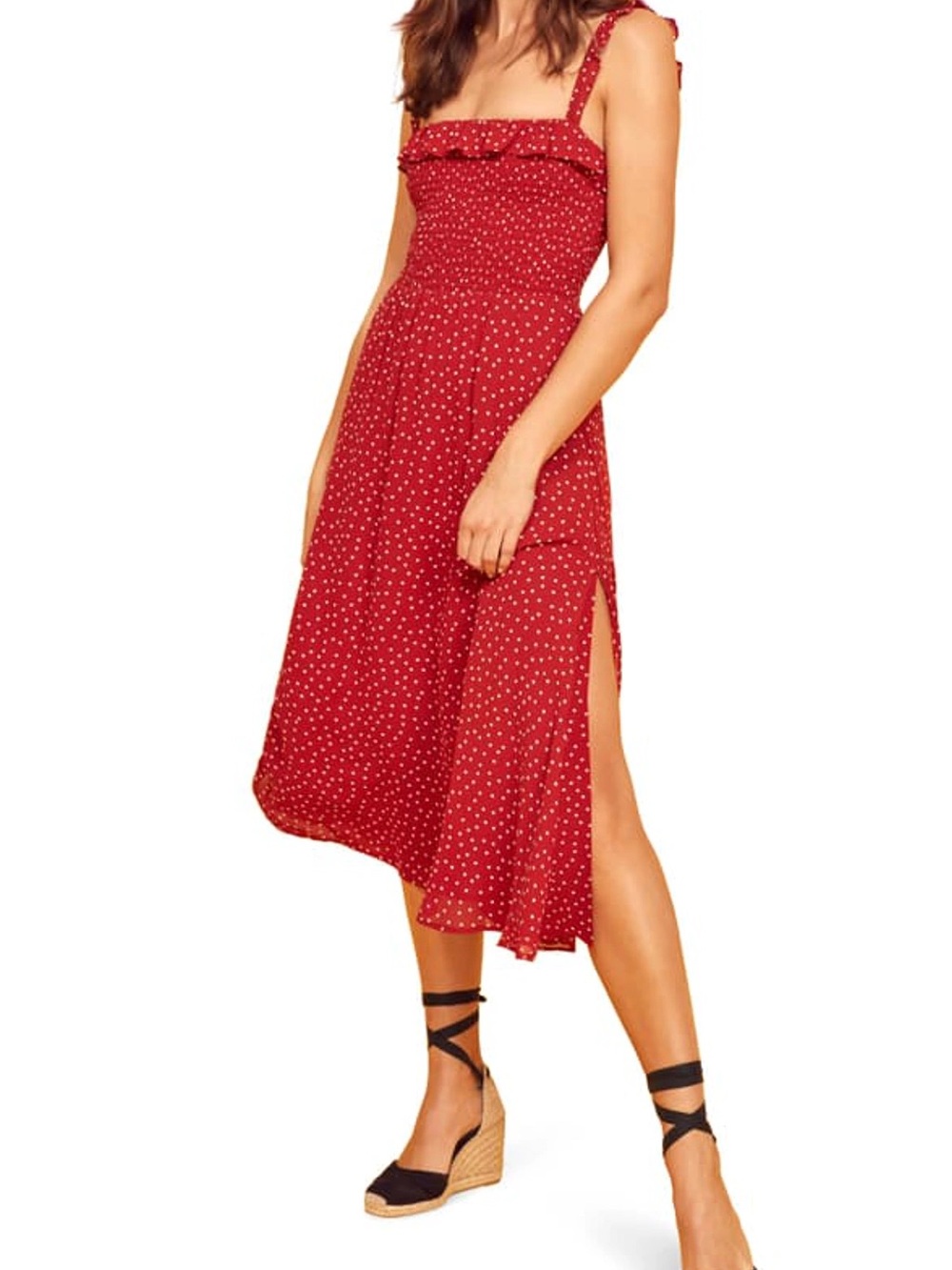 Reformation Siesta Red Polka Dot Midi Chiffon Dress Size Small